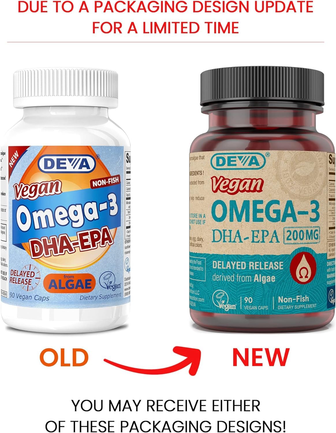 Close-up of DEVA Omega-3 DHA-EPA capsules highlighting plant-based softgels