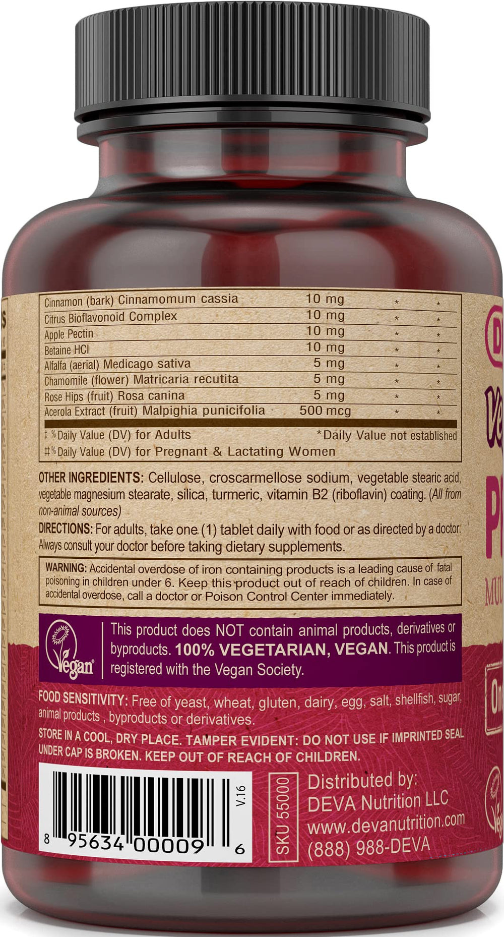 DEVA Prenatal ingredient icons emphasize vegan, animal-free nutrition