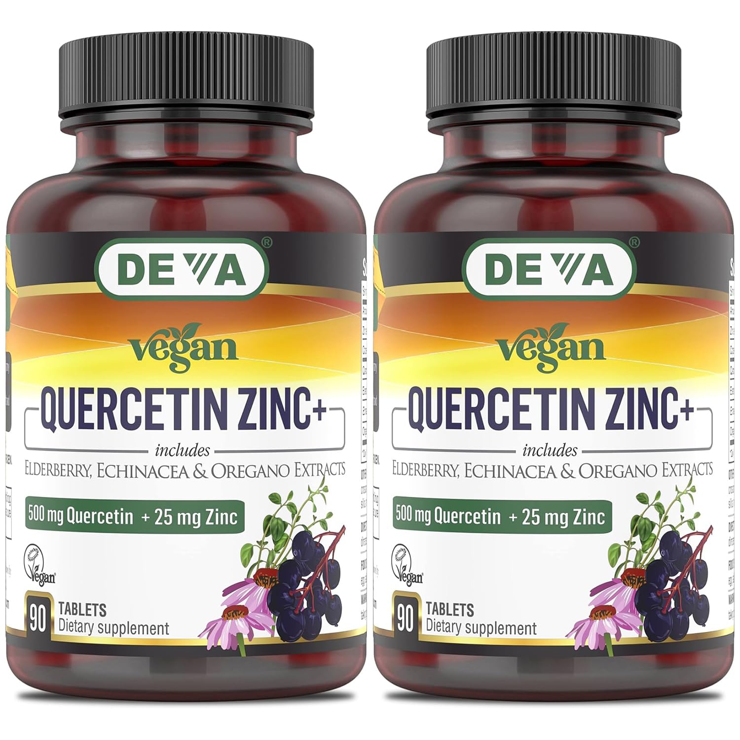 DEVA Quercetin Zinc+ bottle front view highlighting vegan formulation and potency.