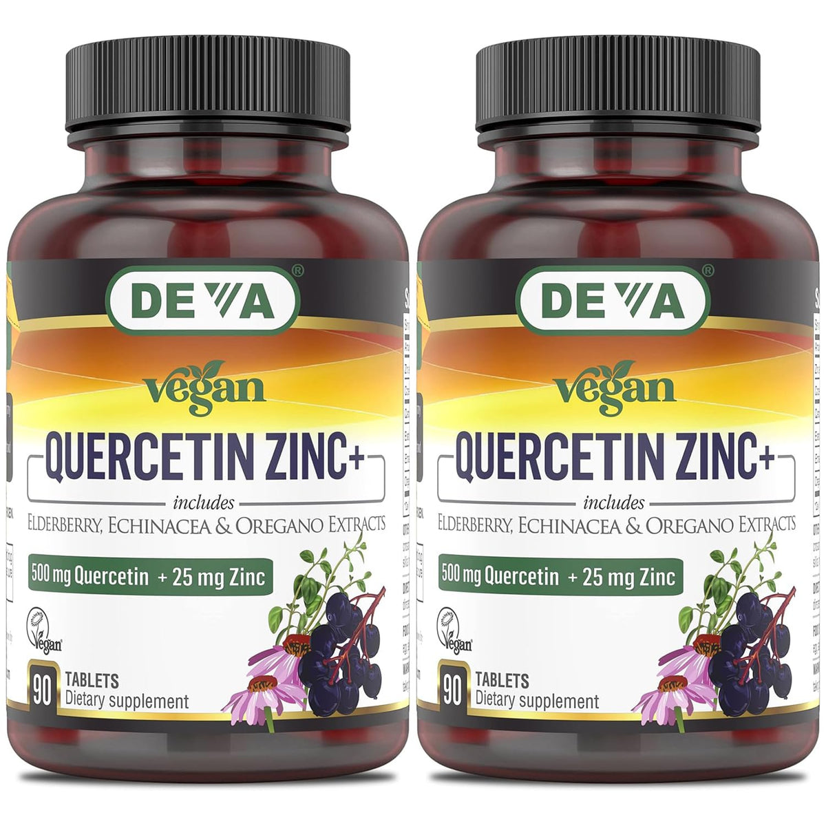 DEVA Quercetin Zinc+ bottle front view highlighting vegan formulation and potency.