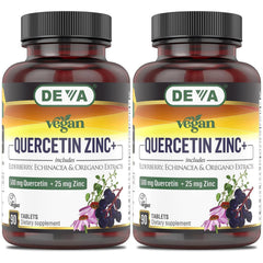 DEVA Quercetin Zinc+ bottle front view highlighting vegan formulation and potency.