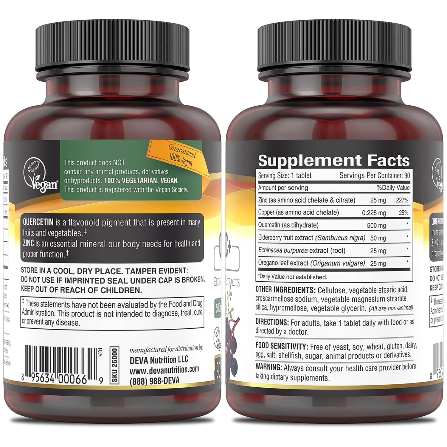DEVA Quercetin Zinc+ label close-up showing elderberry and oregano extracts.
