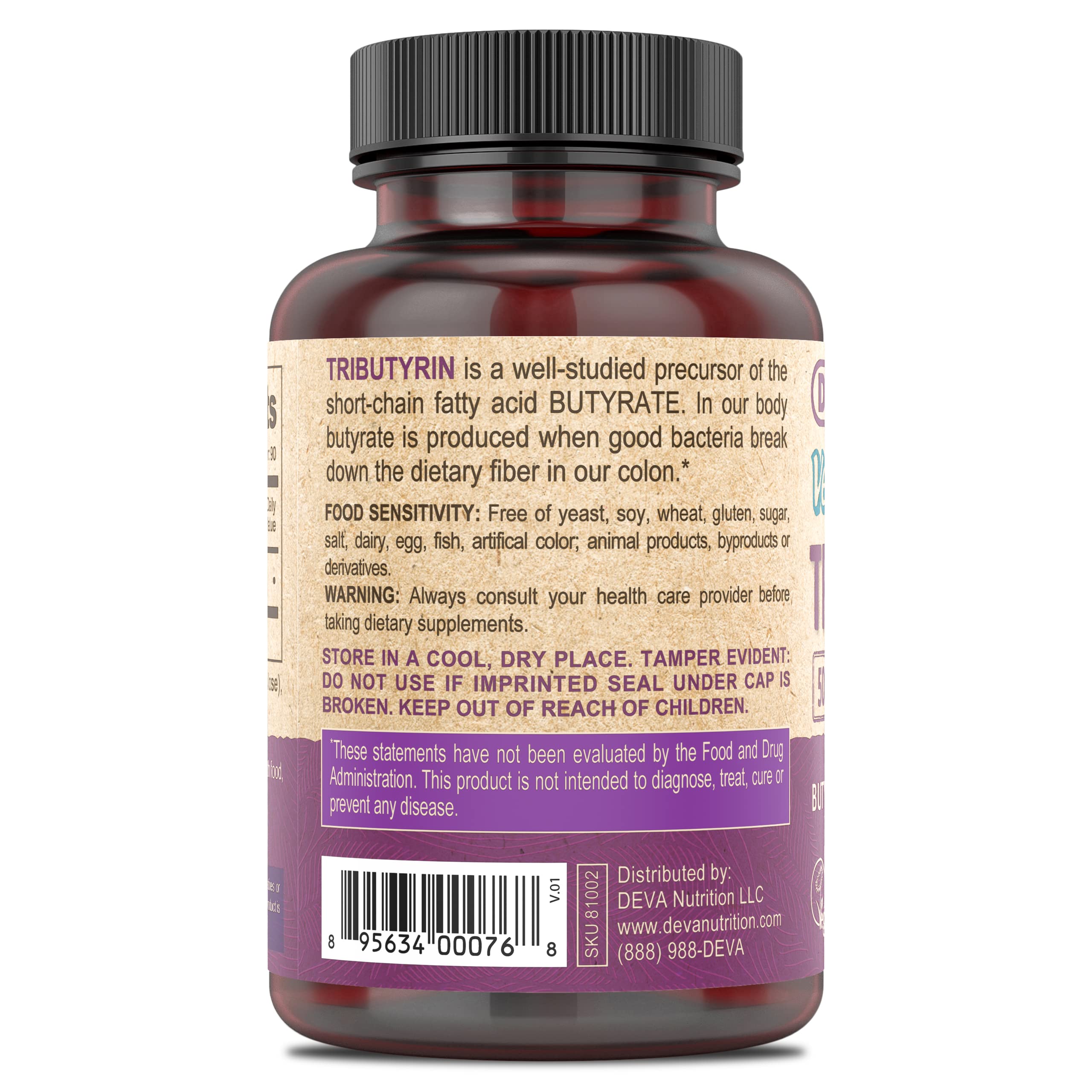 DEVA Tributyrin capsules closeup illustrating vegan capsules for intestinal health
