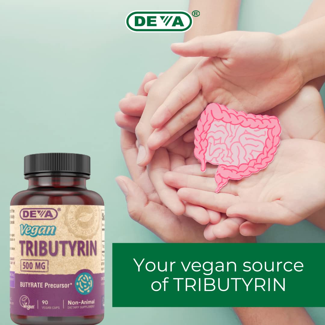 DEVA Tributyrin daily-use scene showing capsule taken with water