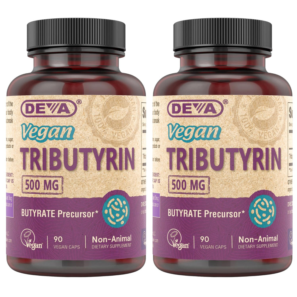 DEVA Tributyrin supplement bottle front highlighting vegan 500 mg formula for gut support