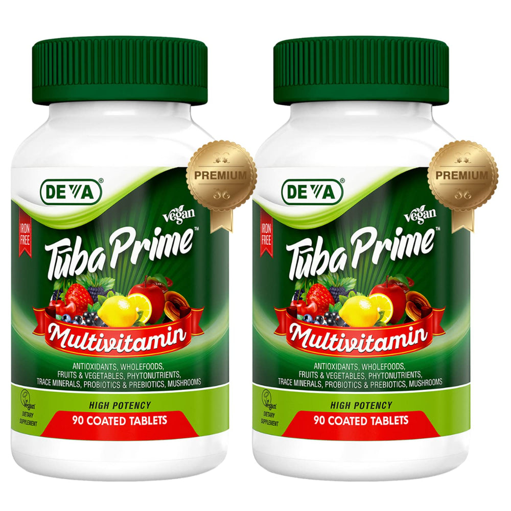 DEVA Tuba Prime bottle front view, iron-free vegan multivitamin for daily nutrition.