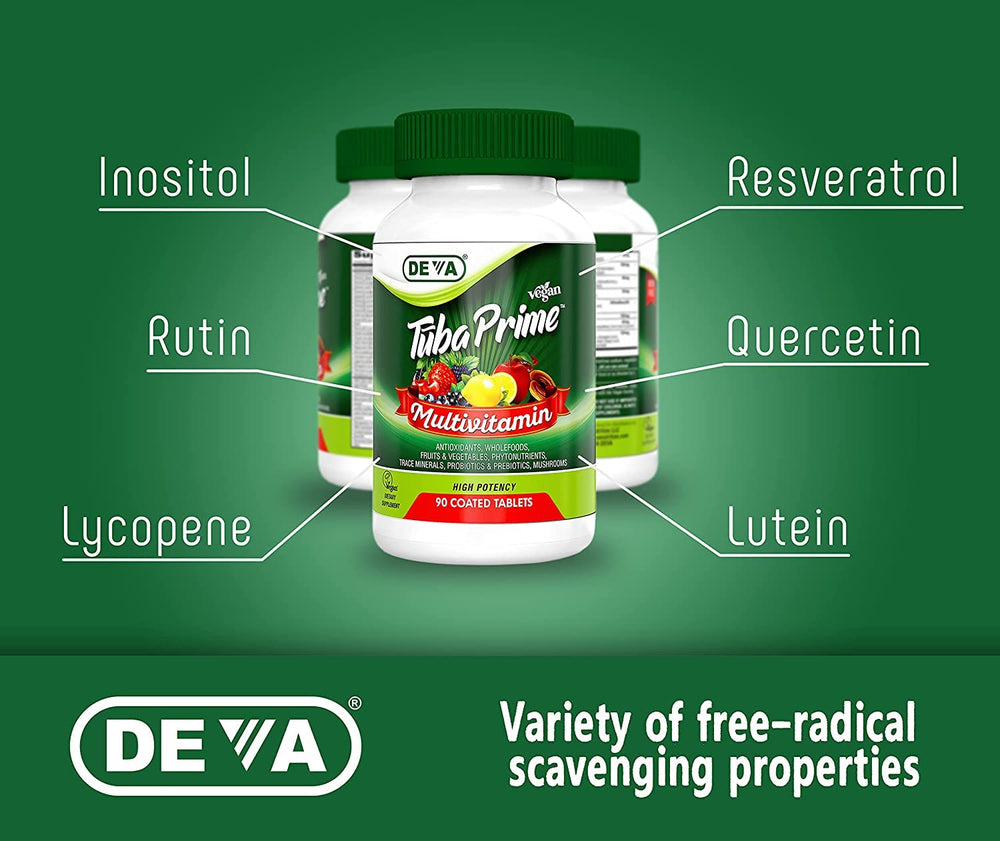 DEVA Tuba Prime greens blend image showing alfalfa, broccoli, spinach.
