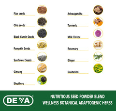 DEVA Tuba Prime seeds and herbs assortment including flax and ashwagandha.