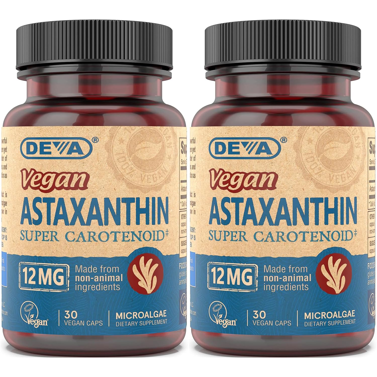 DEVA Vegan Astaxanthin 12mg capsules in a 2-pack, showcasing capsule form and packaging.