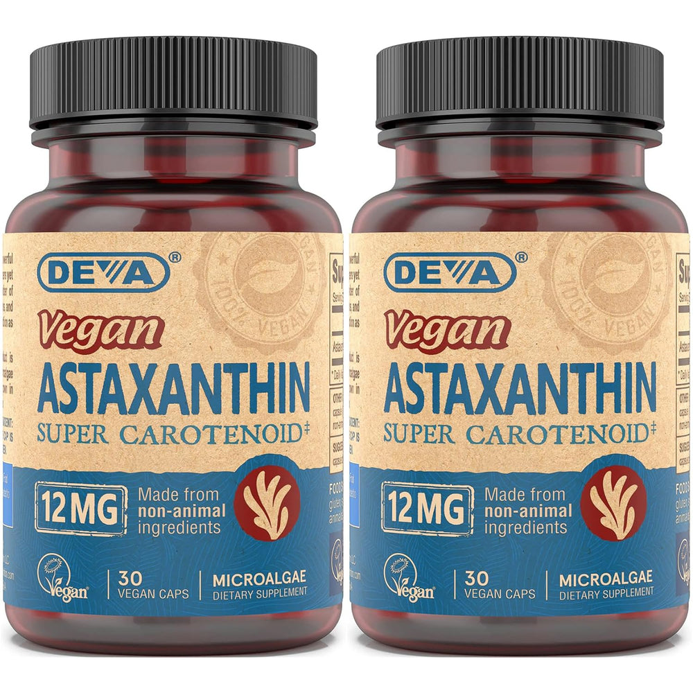 DEVA Vegan Astaxanthin 12mg capsules in a 2-pack, showcasing capsule form and packaging.