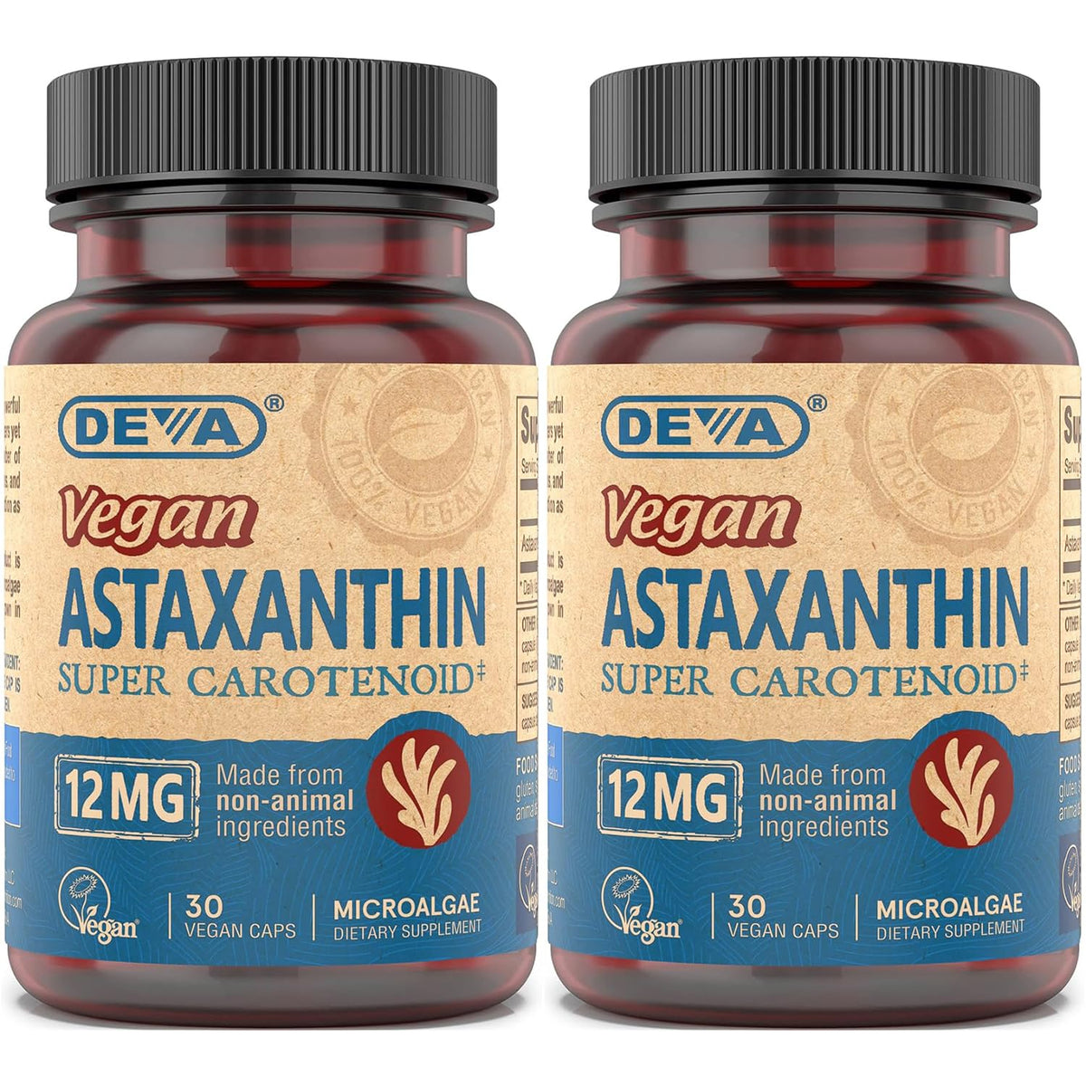 DEVA Vegan Astaxanthin 12mg capsules in a 2-pack, showcasing capsule form and packaging.