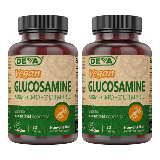 DEVA vegan glucosamine bottle front showing vegan and gluten-free formulation for daily use