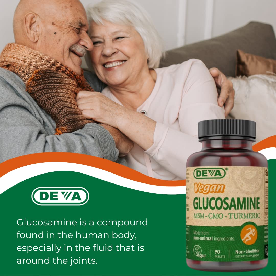 DEVA vegan glucosamine bottle open with tablets ready for daily routine