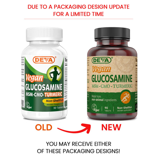 DEVA vegan glucosamine bottle side highlighting plant-based ingredients