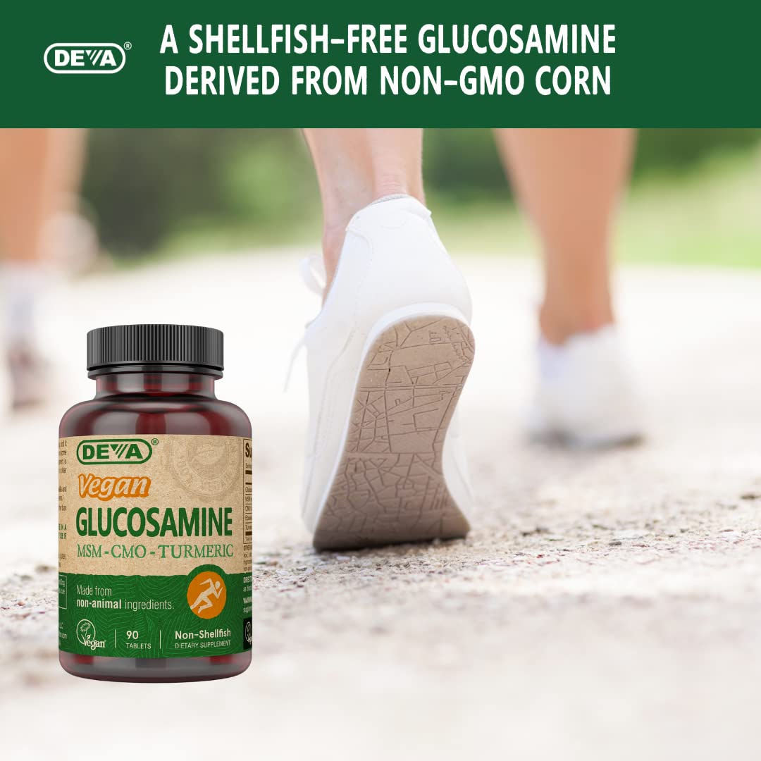 DEVA vegan glucosamine bottle with glass of water for easy intake