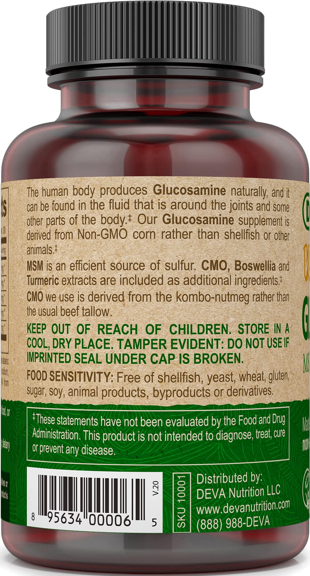 DEVA vegan glucosamine MSM CMO turmeric ingredients panel