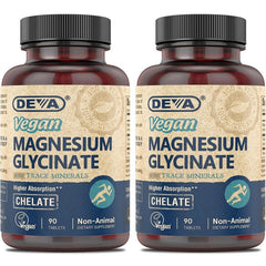 DEVA Vegan Magnesium Glycinate bottle with easy-to-swallow tablets for vegan wellness.