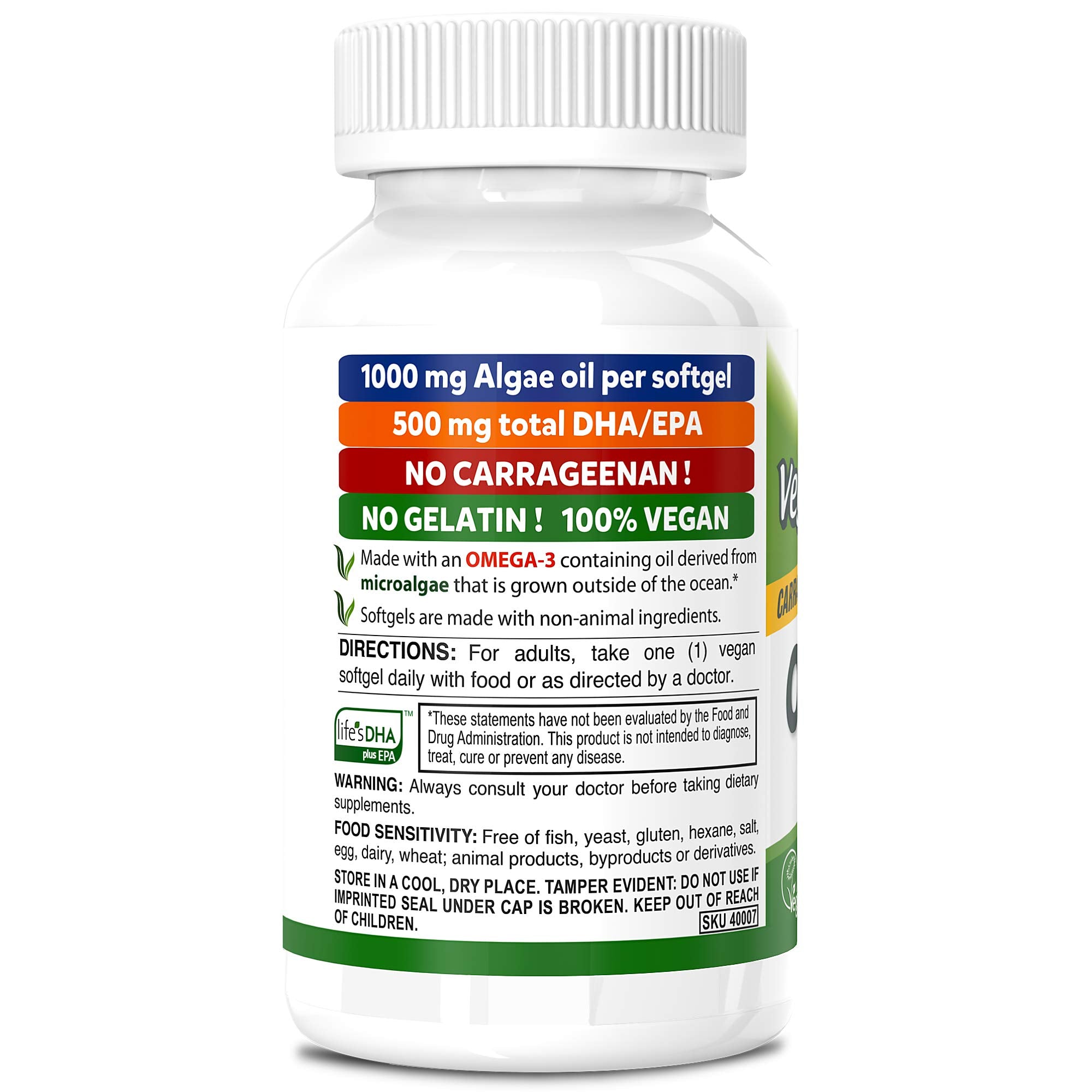 DEVA Vegan Omega-3 bottle side view, 60 softgels for a two-month supply.