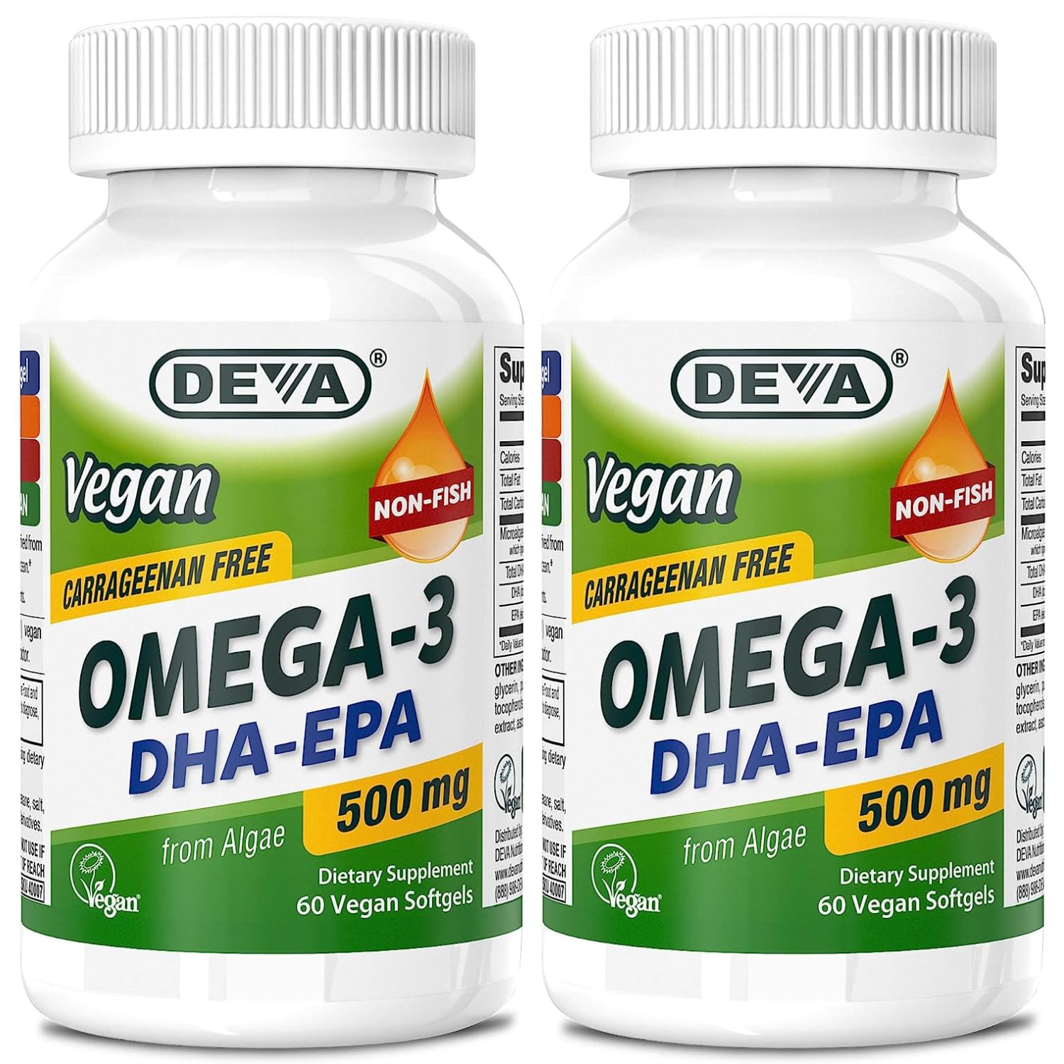 DEVA vegan omega-3 bottle; plant-based DHA-EPA for daily wellness.