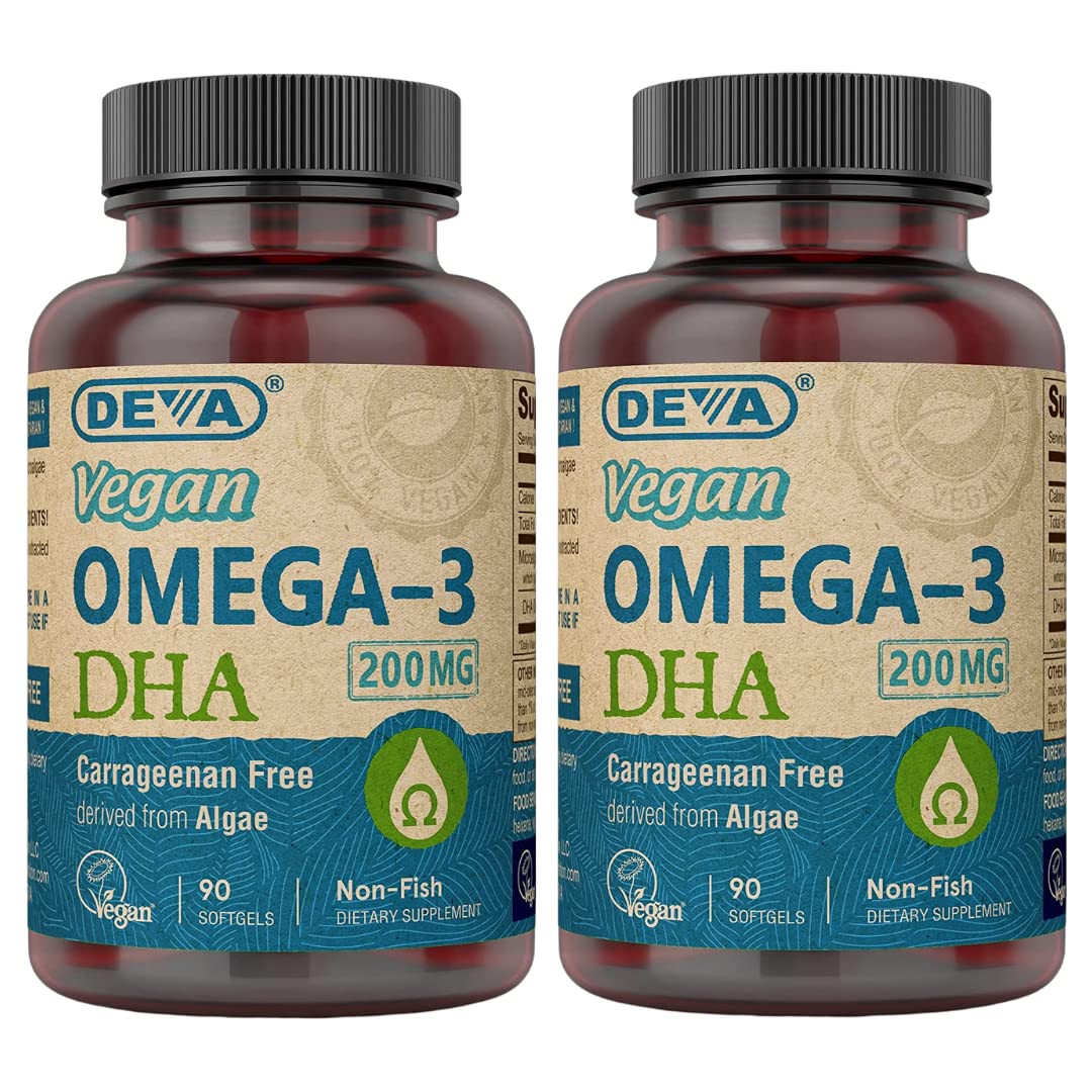 DEVA Vegan Omega-3 DHA softgels bottle front highlights algae-based option for vegetarians.