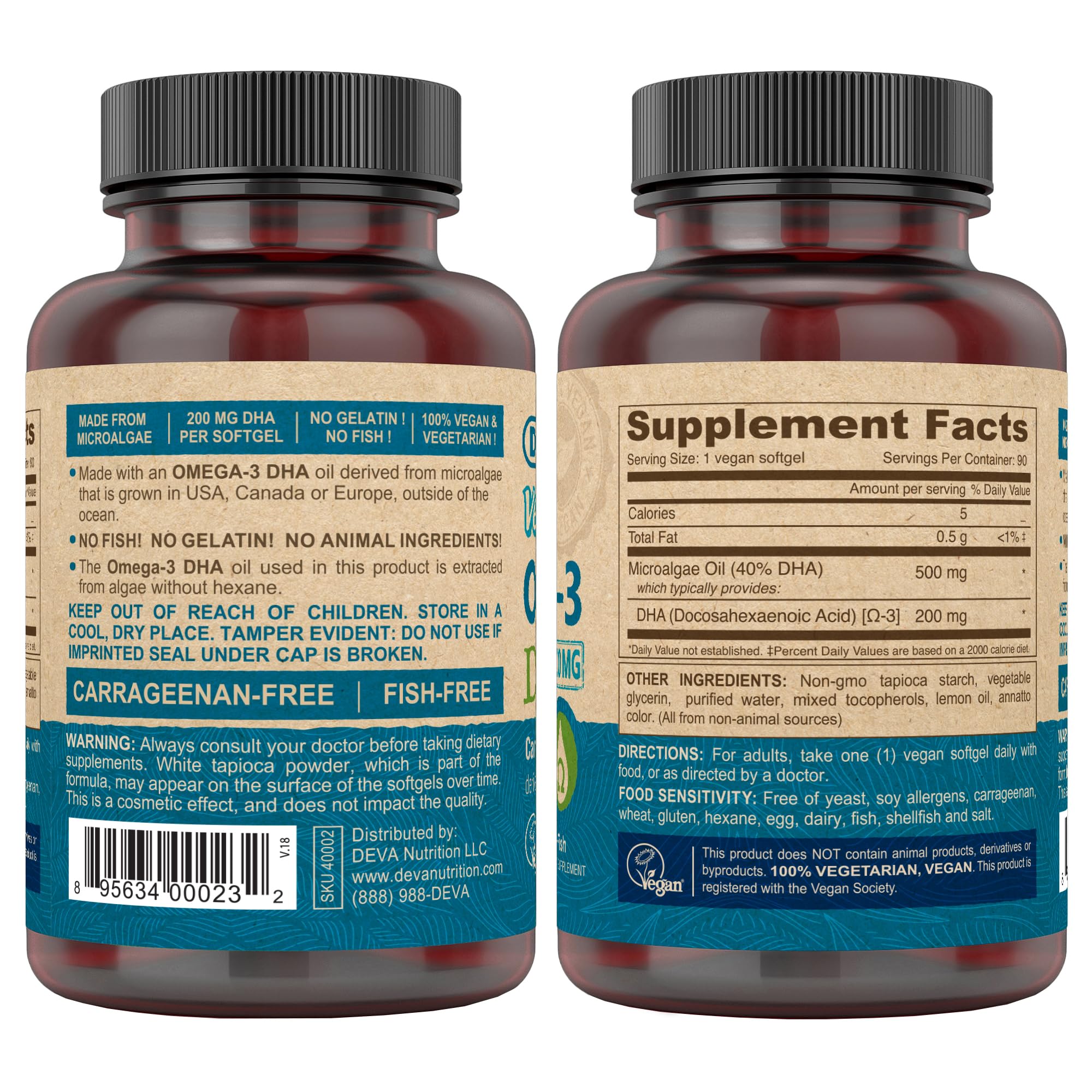 Close-up of DEVA Omega-3 DHA softgels, algae-derived and gelatin-free.