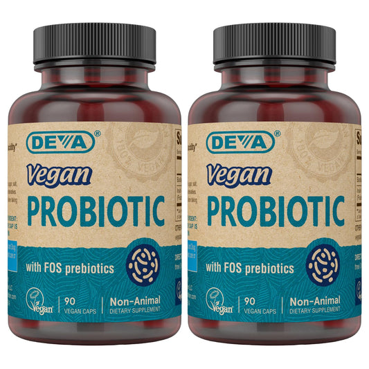DEVA Vegan Probiotic bottle front view, shelf-stable daily supplement.