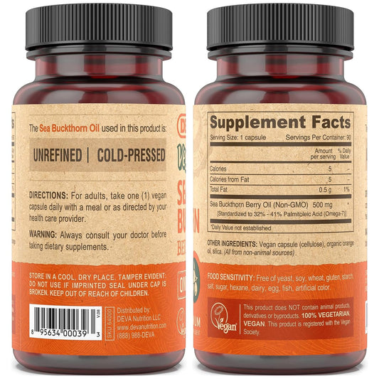 DEVA Sea Buckthorn Oil Capsules close-up of capsules and omega-7 focus.