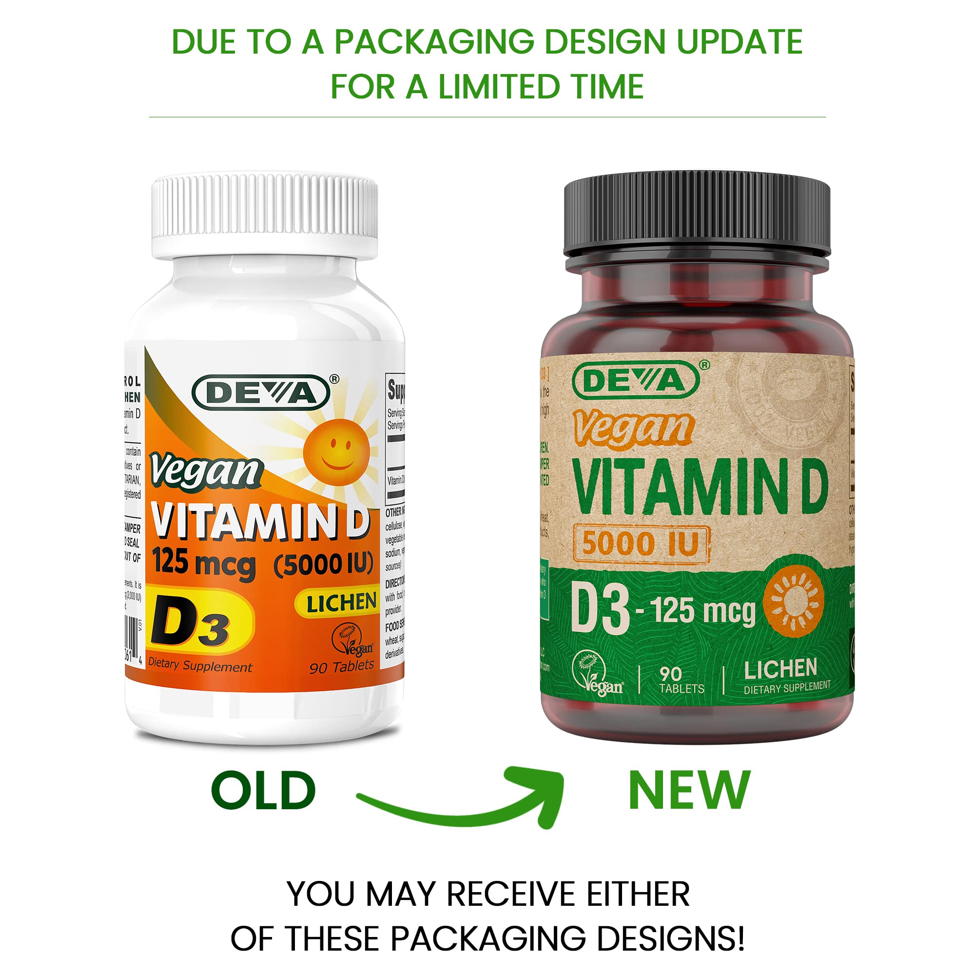 Front view of DEVA bottle showing vegan-certified lichen-based D3.