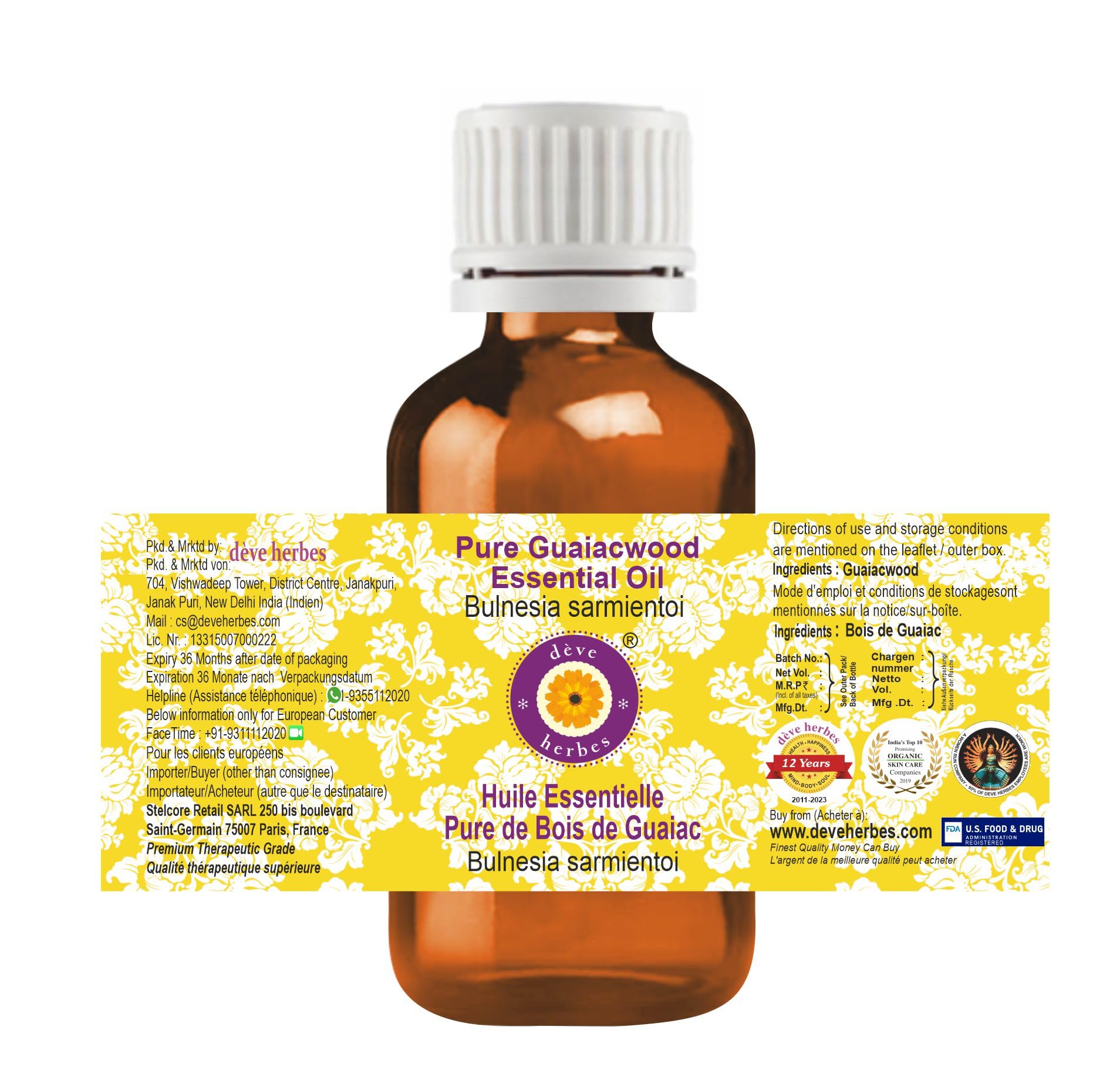 Label close-up of Deve Herbes Guaiacwood essential oil.