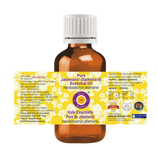 close-up of steam-distilled Jatamansi oil bottle highlighting purity