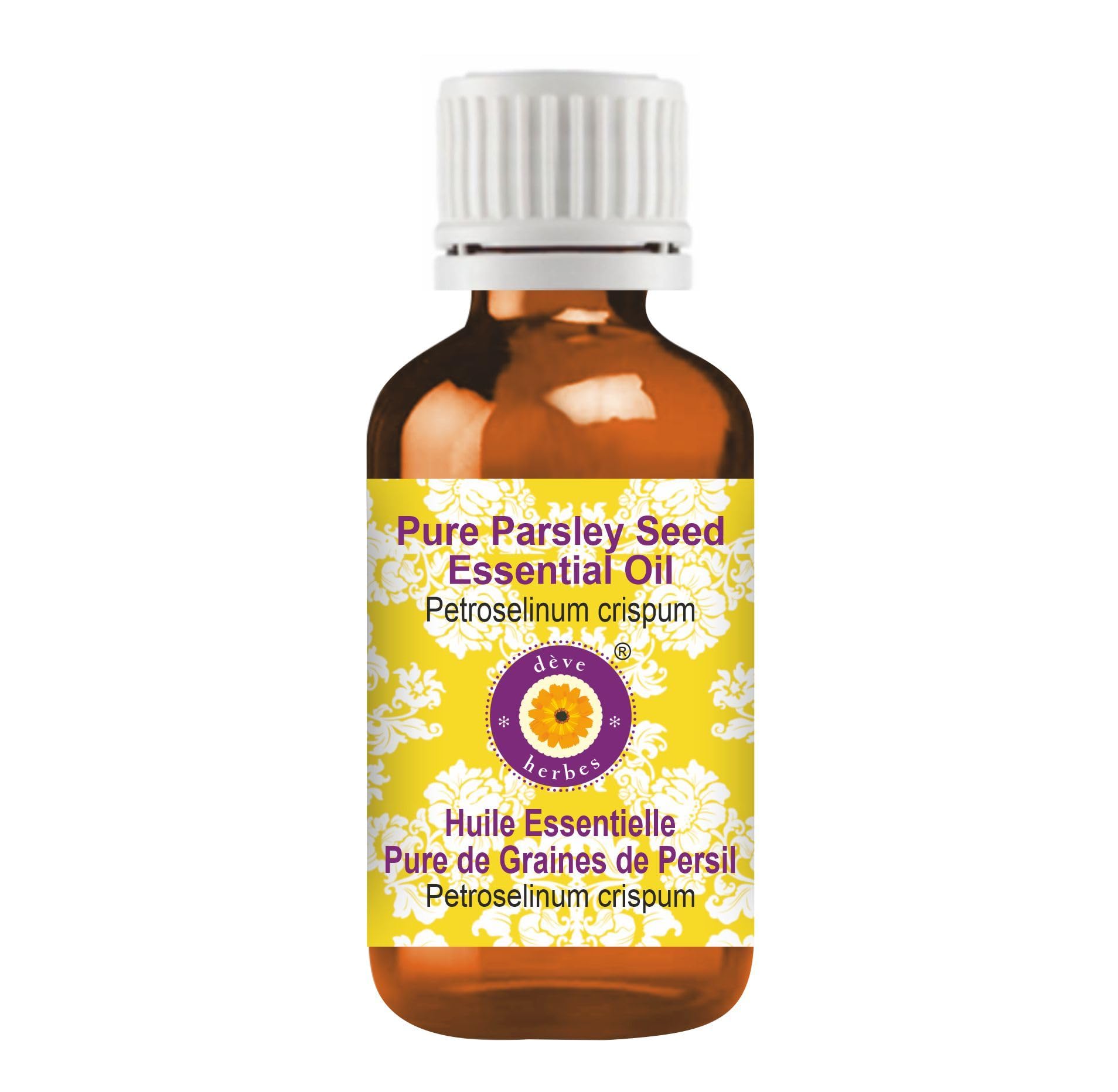 deve herbes parsley seed oil bottle on a clean vanity, pure and lightweight for daily use
