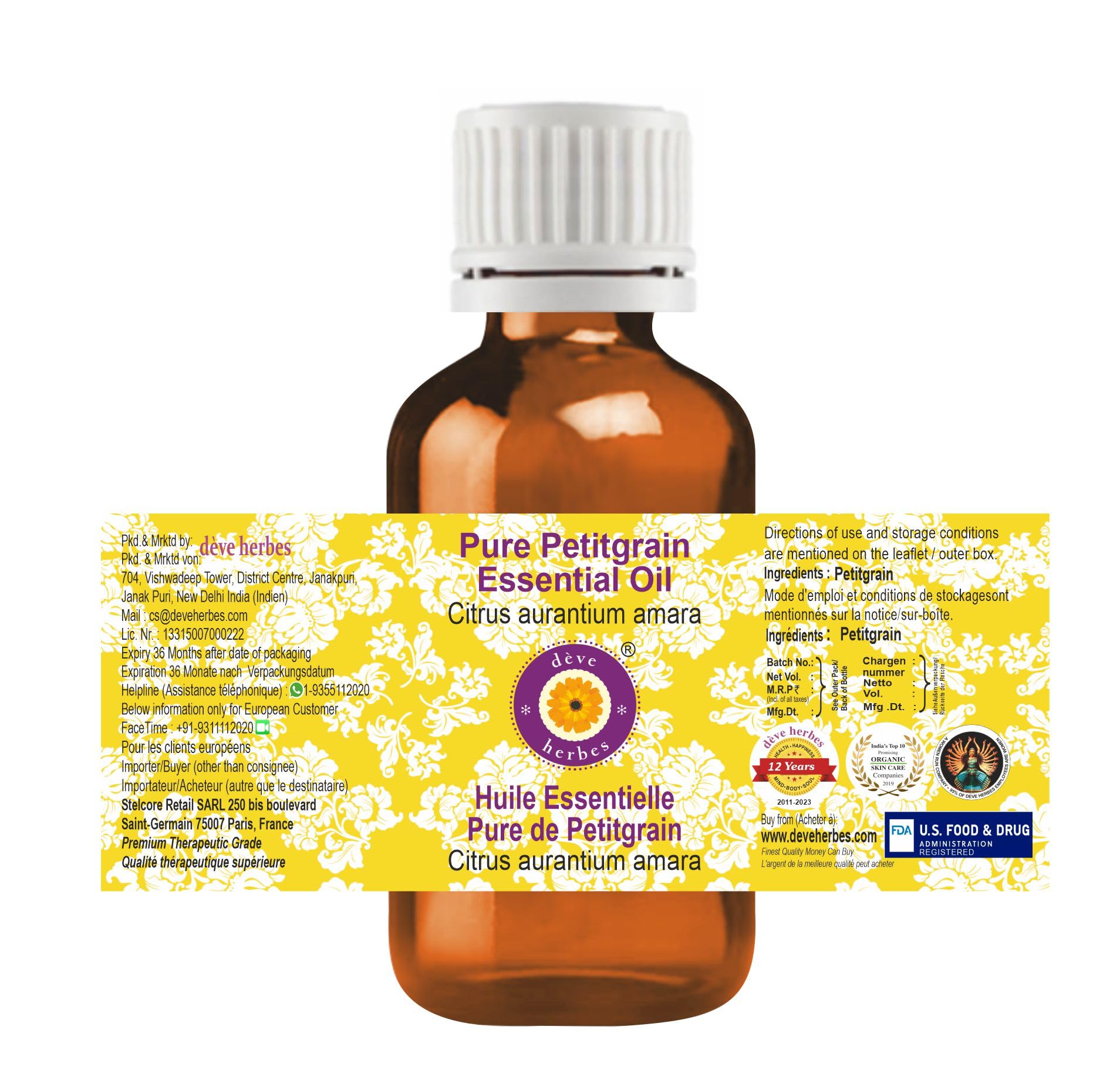 Petitgrain essential oil drops close-up showing purity and single-ingredient formula.