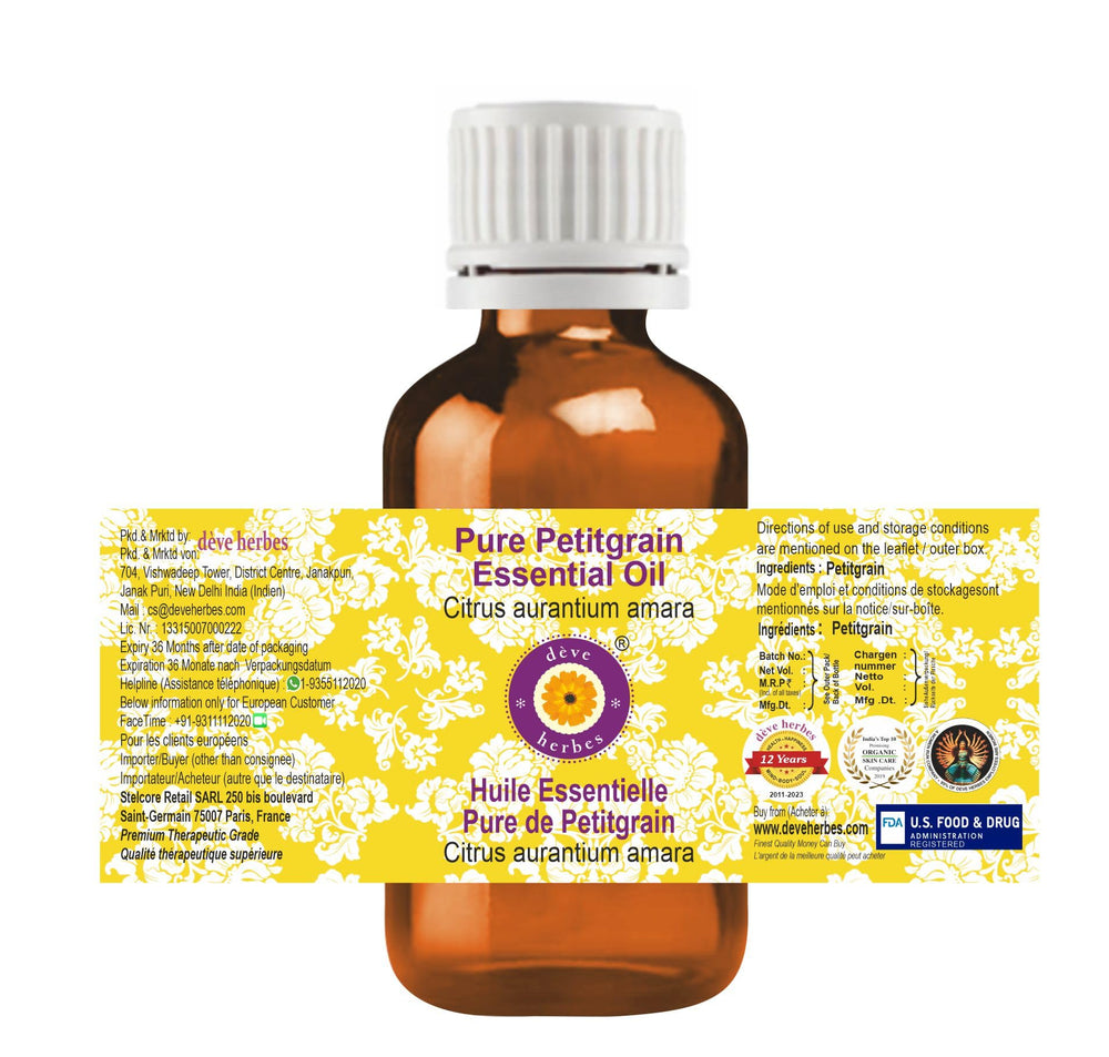 Petitgrain essential oil drops close-up showing purity and single-ingredient formula.