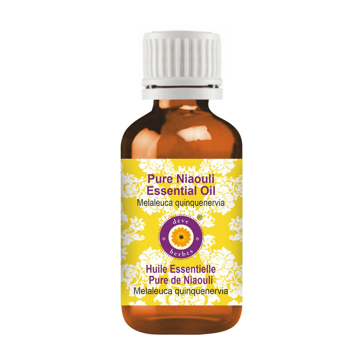 Deve Herbes Pure Niaouli oil bottle for gentle skincare dilution.