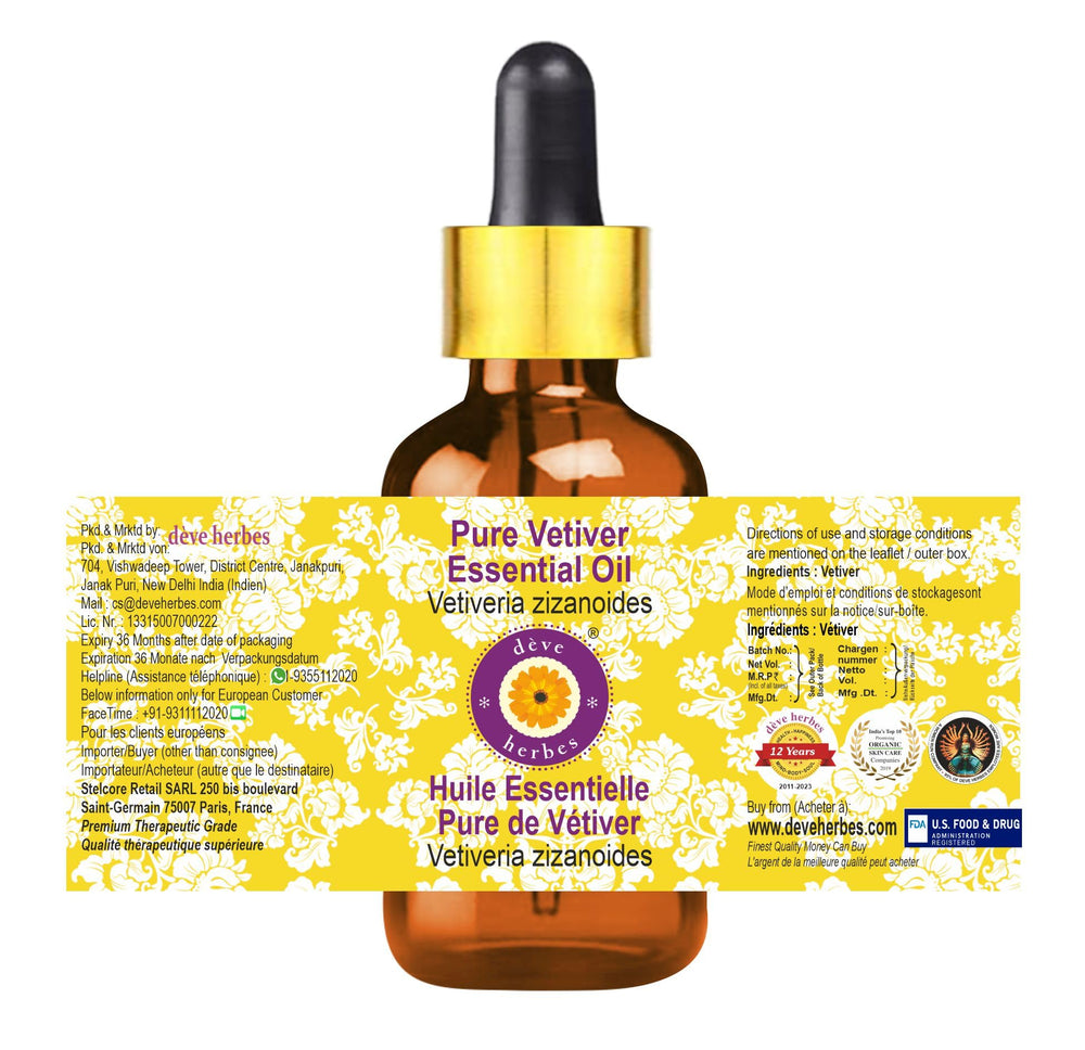 Deve Herbes steam-distilled vetiver oil with rich natural aroma.