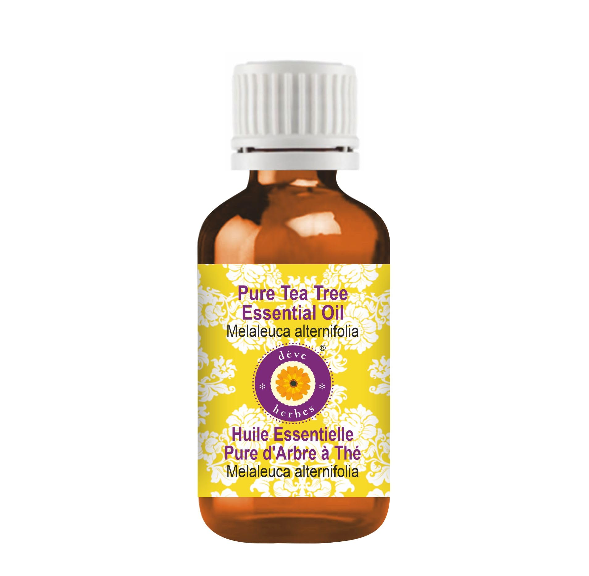 deve herbes tea tree oil amber bottle close-up showing purity for skincare prep.