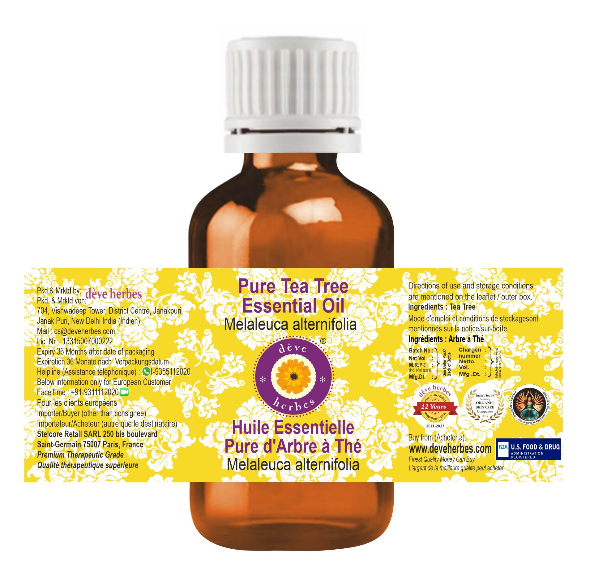deve herbes tea tree oil dilution dropper demonstrates safe mixing for daily facial care.