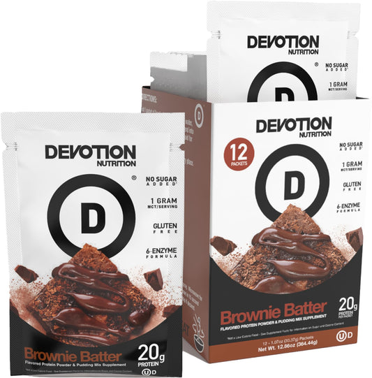 Devotion Nutrition Brownie Batter protein powder packaging showcases gluten-free, keto-friendly formula.