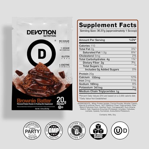 Devotion Nutrition Brownie Batter single-serving packet for on-the-go use.