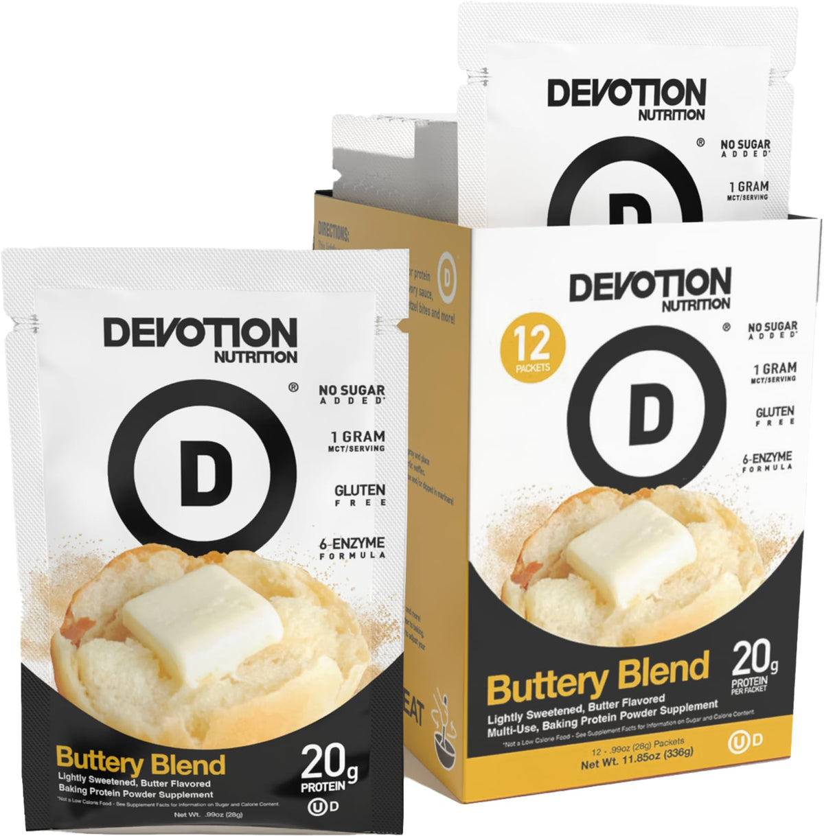 Devotion Nutrition Buttery Blend single-serving packets for convenient on-the-go protein