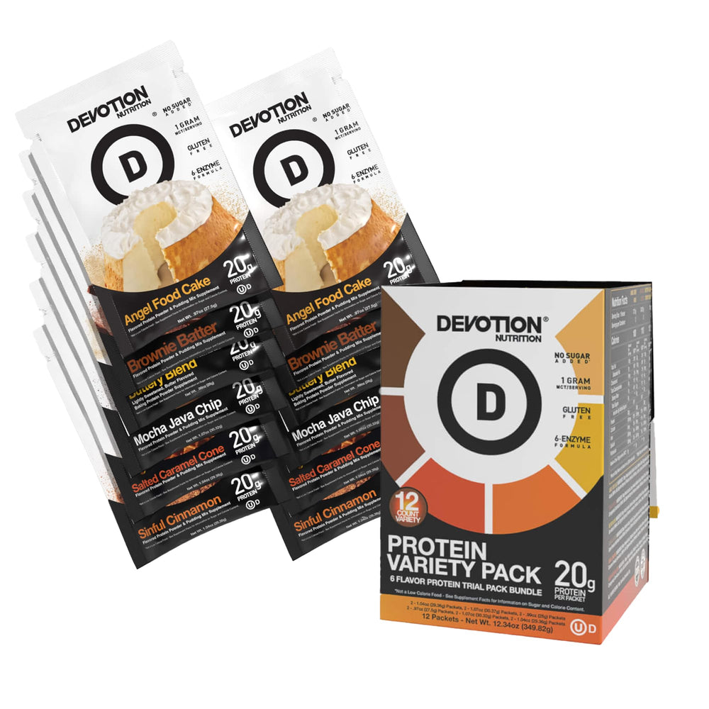 Devotion Nutrition protein packets variety pack front view for convenient daily protein