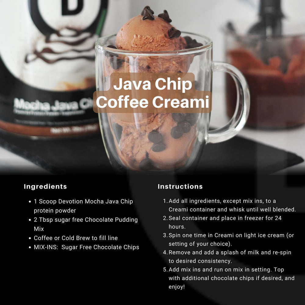 Devotion Nutrition Mocha Java Chip powder in a glass with a creamy look