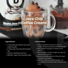 Devotion Nutrition Mocha Java Chip powder in a glass with a creamy look