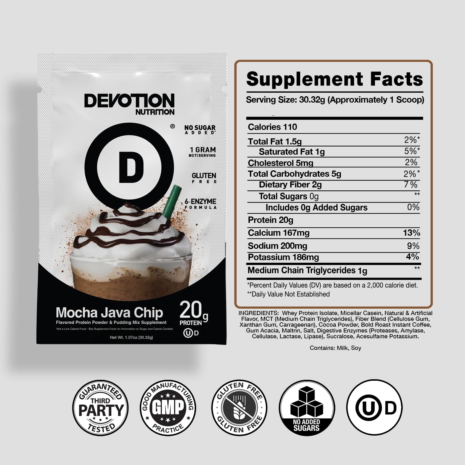 Devotion Nutrition Mocha Java Chip scoop shown for convenient single-serve shakes