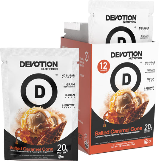 Devotion Nutrition Salted Caramel Cone protein tub displaying flavor appeal and high protein content