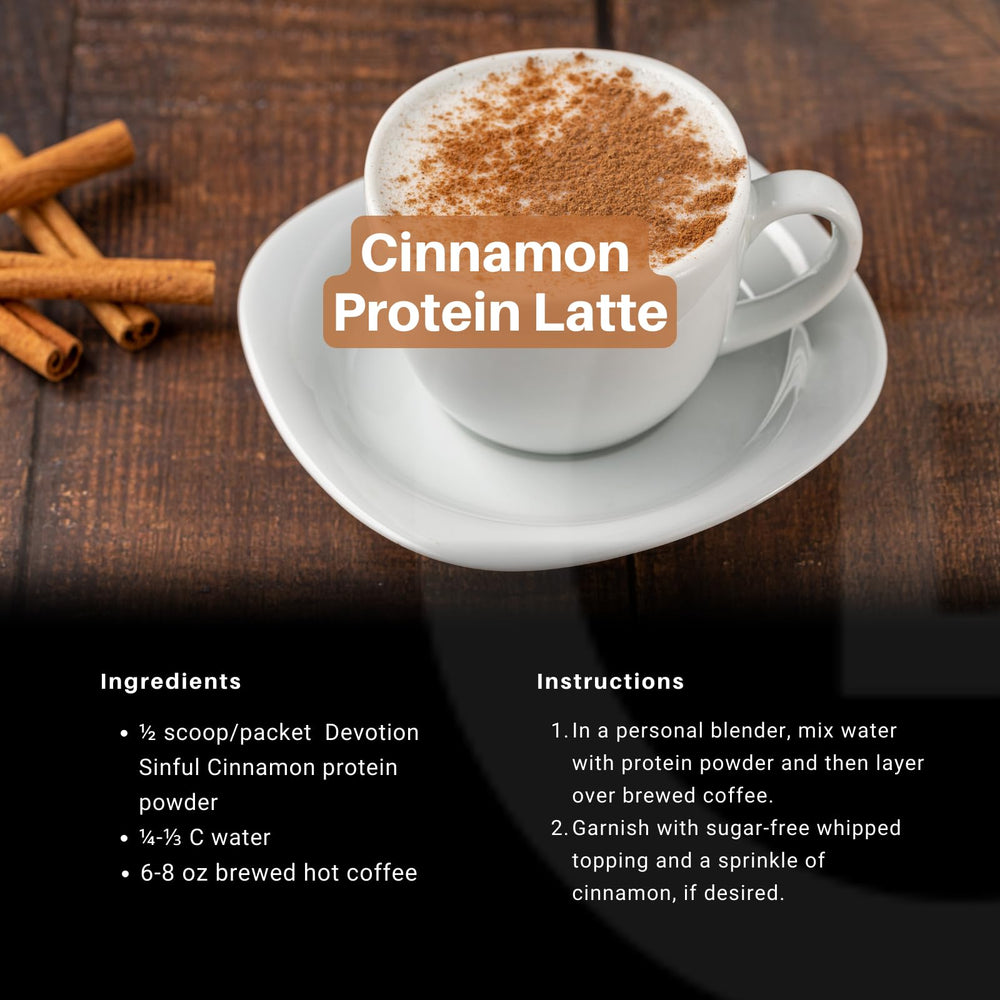 Devotion Nutrition Sinful Cinnamon baking setup shows versatile protein use.
