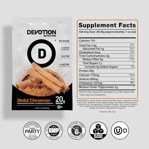 Devotion Nutrition Sinful Cinnamon protein powder canister with clear label for keto-friendly fueling.