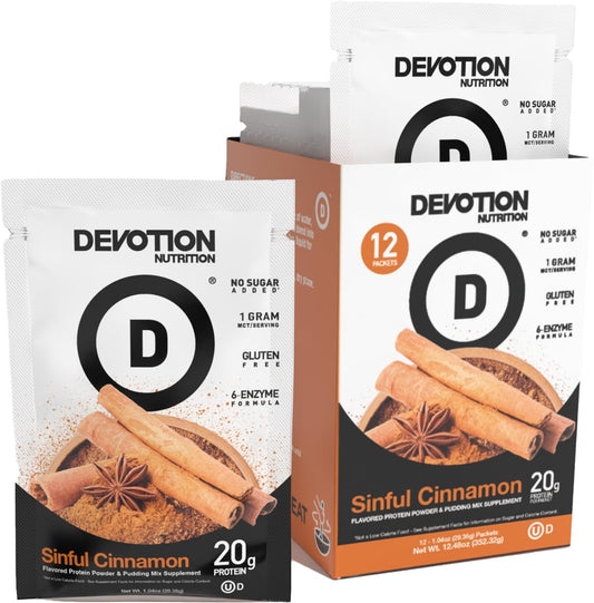 Devotion Nutrition Sinful Cinnamon single-serving packet for on-the-go protein.