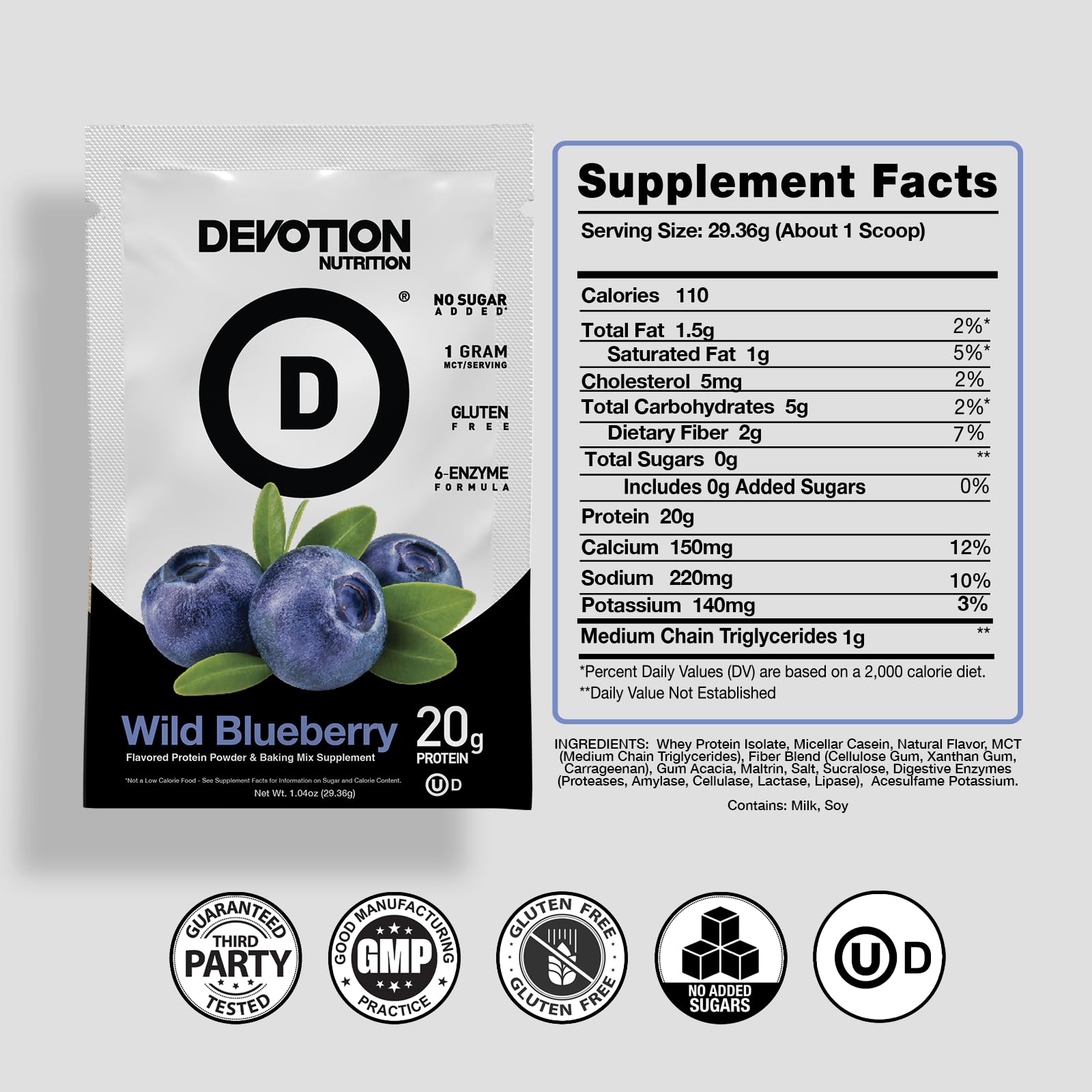 Scoop of Devotion Wild Blueberry powder with a measuring spoon.