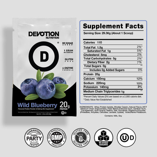 Scoop of Devotion Wild Blueberry powder with a measuring spoon.